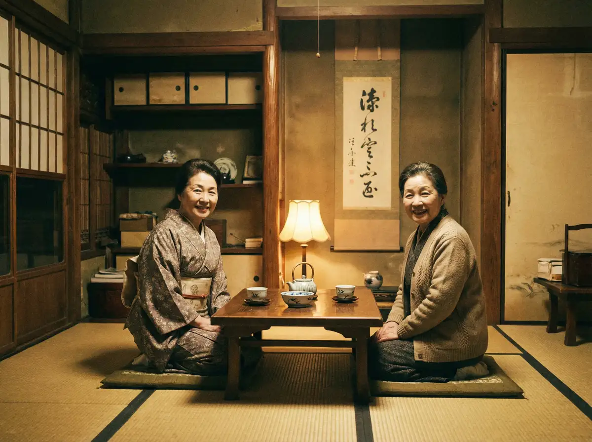 两位优雅的 喷奶 在日式茶室中品茶交谈